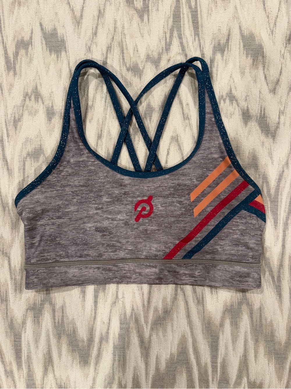 Peloton Heather Gray Strappy Sports Bra with Color Stripe Accents